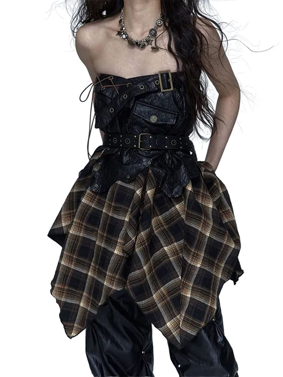 NEV Faux Leather Plaid Patchwork Skirts