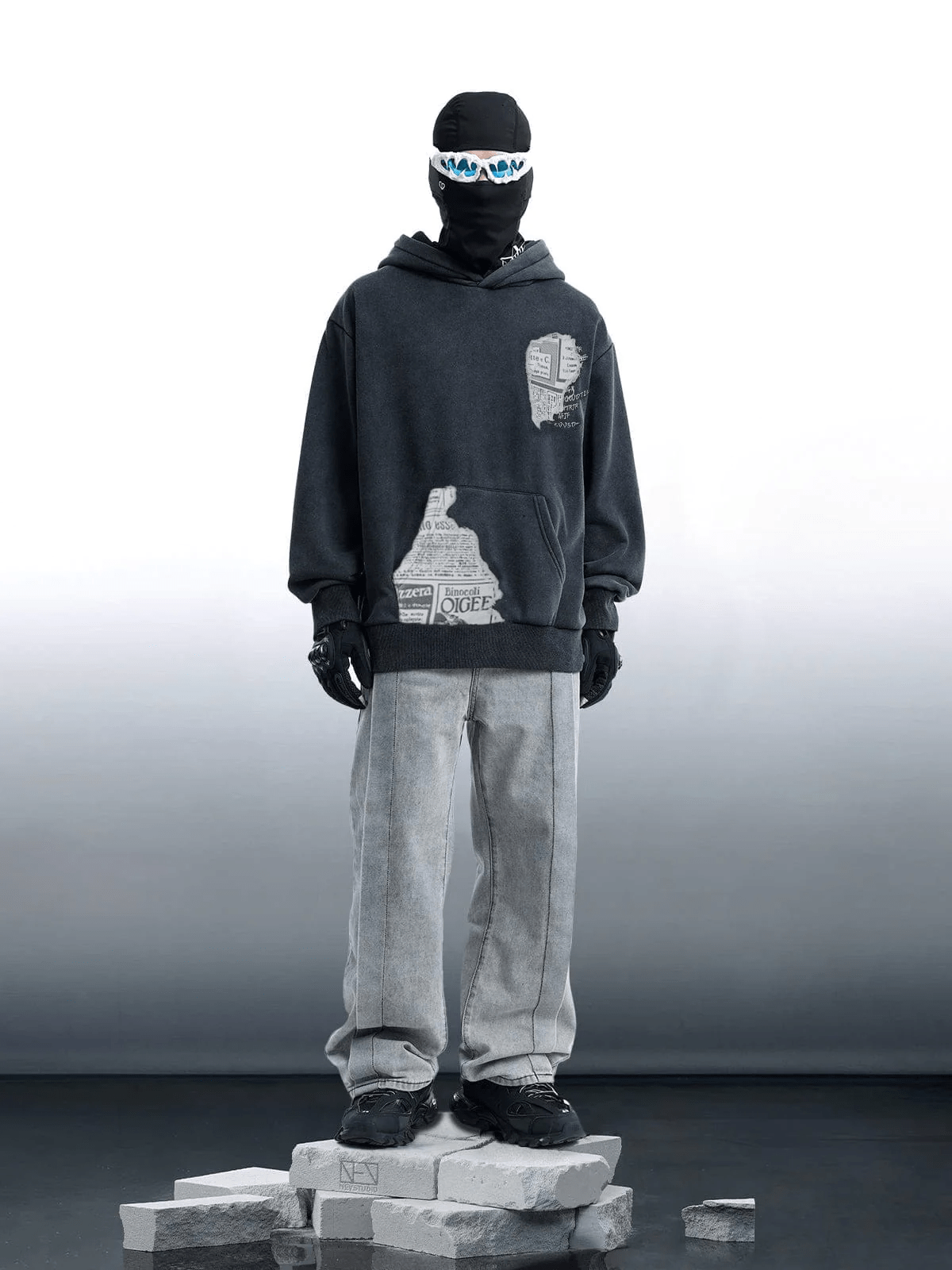 NEV Patch Imitation Newspaper Pattern Hoodie