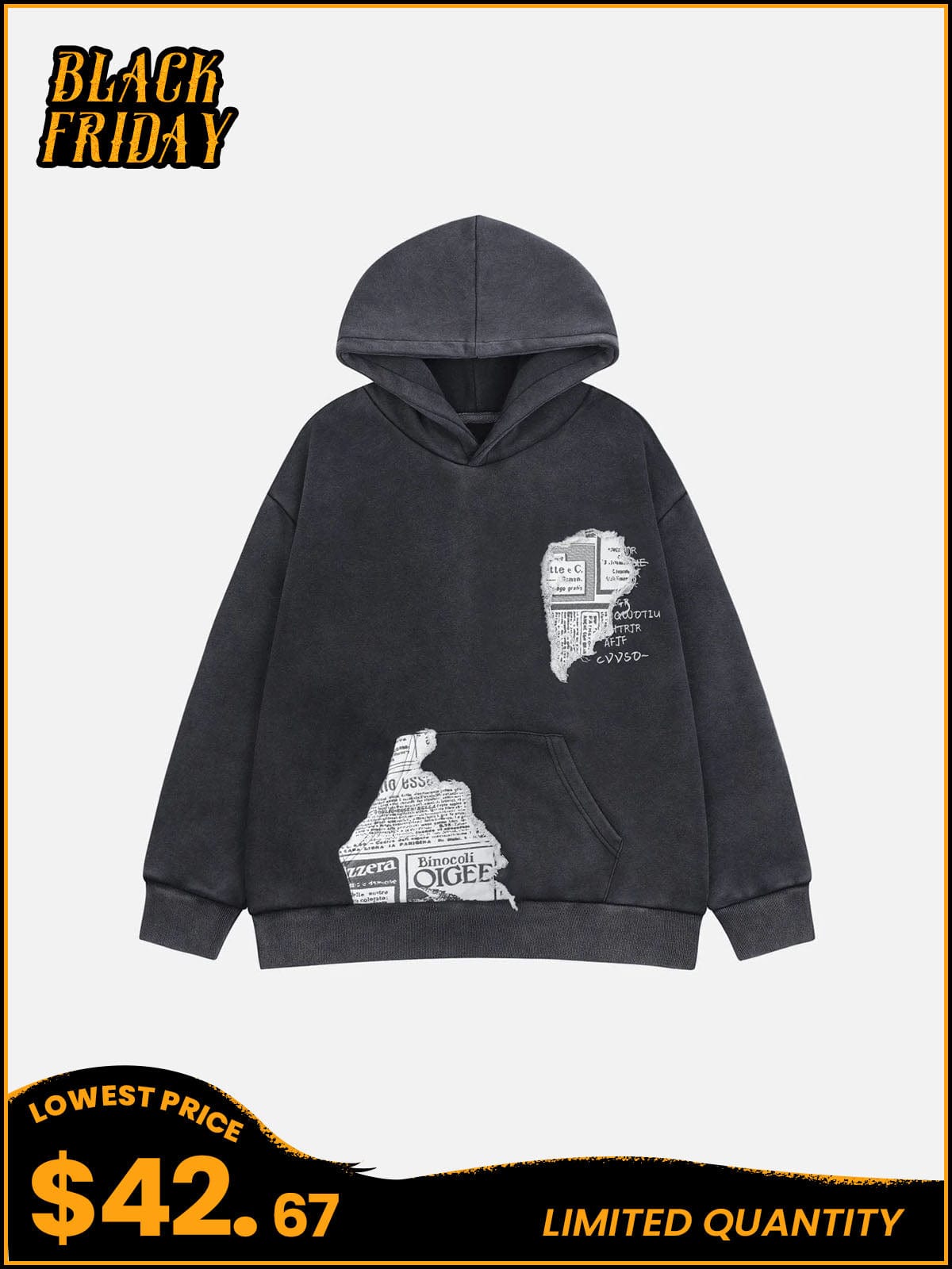 NEV Patch Imitation Newspaper Pattern Hoodie