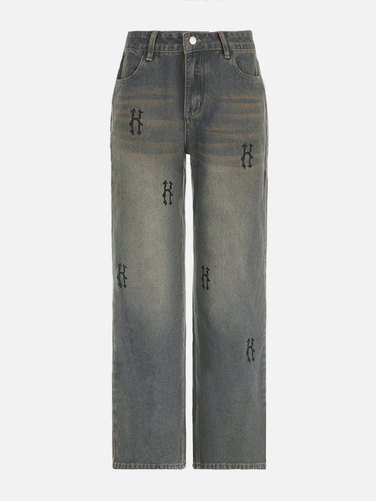 NEV Distressed Printed Wide-Leg Jeans