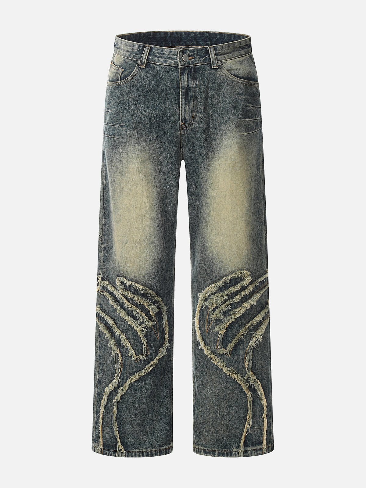 NEV Abstract Pattern Raw Edge Patchwork Jeans