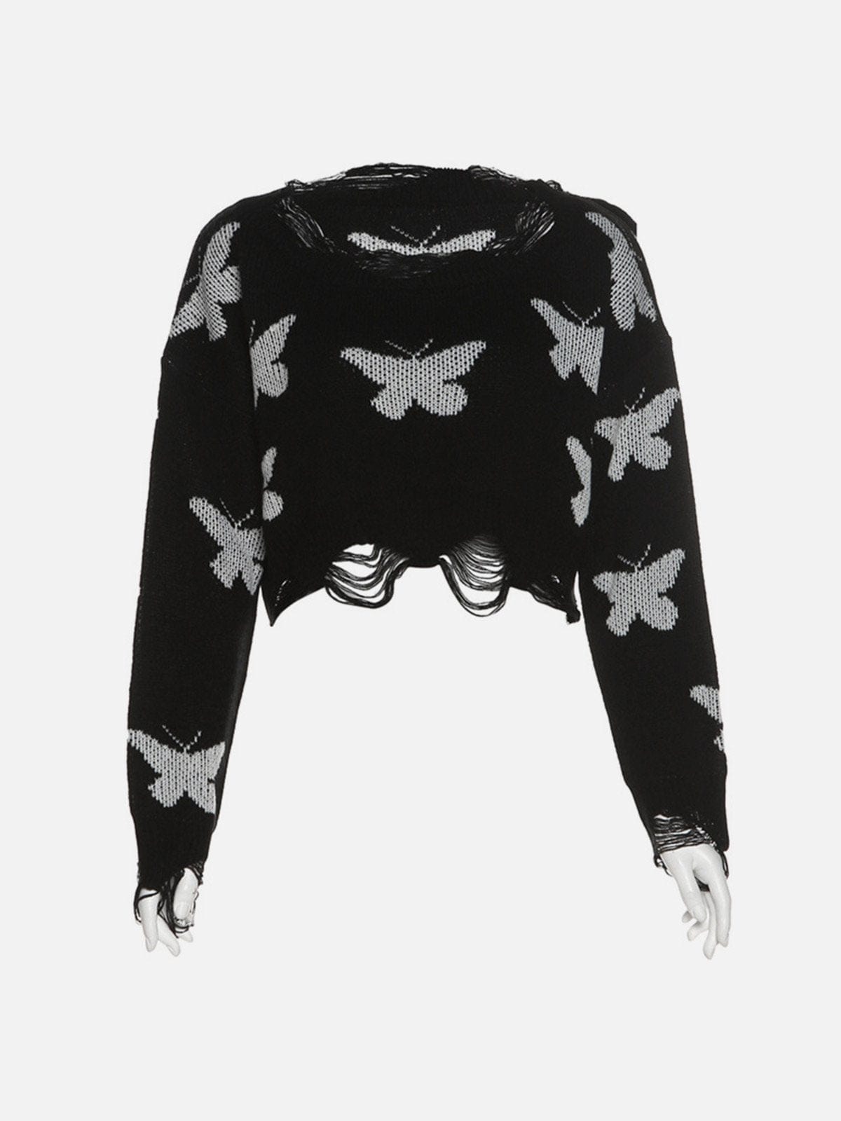 NEV Butterfly Jacquard Distressed Crop Top