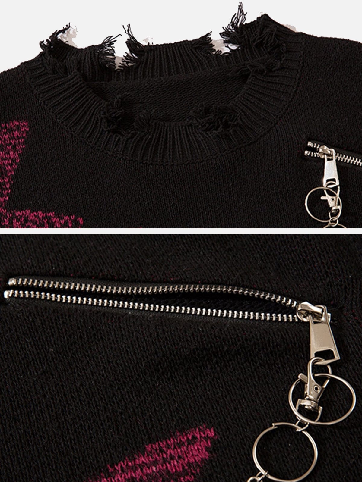 NEV Irregular Ripped Skeleton Zipper Chain Knit Sweater